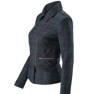 CAbi Jacket Womens 4 Green Blue Tartan Black Watch Plaid Moto Asymmetrical Zip